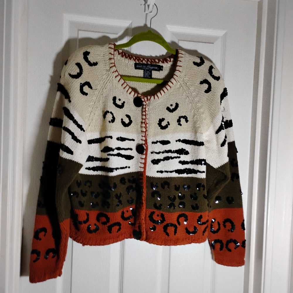 Vtg. Cardigan Abstract Animal Design Work In Progress